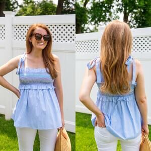 Tuckernuck Rainbow Smocked Blouse XS Multicolor Stripe Cotton Top Tie Straps